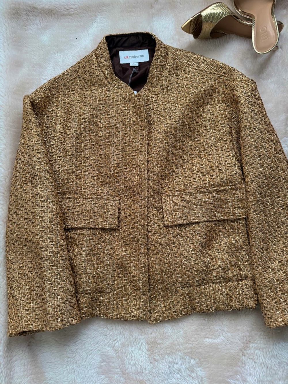 Liz Claiborne Gold Tweed Women’s Bomber Jacket - Picture 8 of 17